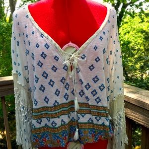 Free people crocheted sleeves tie front